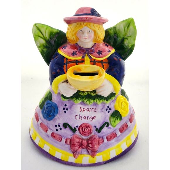 BANK-GARDEN ANGEL-"SPARE CHANGE"-Floral/Leaves-Bottom Stopper-Unique-Shelf Decor - Picture 1 of 11